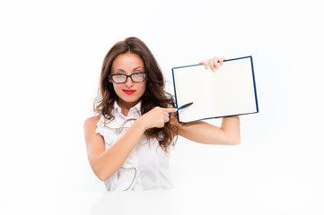 Naklejka premium Effective time management. Personal diary. Desire to study. Business coach. Student courses. Businesswoman with book in office. Education for adult. Keep studying. Study languages. Girl study
