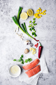 Healthy Salmon Salad With Fresh Fruit And Spring Onions