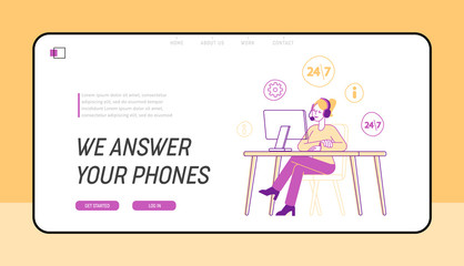Technical Receptionist Customer Support Service, Helpdesk Landing Page Template. Girl in Headset with Pc Hotline Consultant Character Chatting with Client in Call Center. Linear Vector Illustration