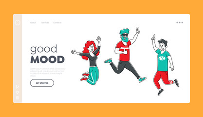 Happy Jumping People Landing Page Template. Office Workers Team or Friends Joy, Hipster Characters, Cheerful Corporate Employees, Young Students Group in Casual Clothes. Linear Vector Illustration