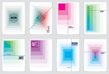 Minimalistic brochure designs. Vector geometric abstract backgrounds set. Design templates for flyers, booklets, greeting cards, invitations and advertising. A4 print format.