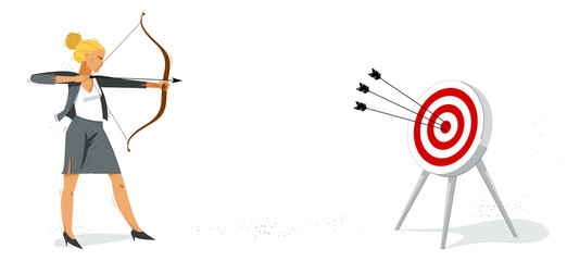 Business woman shooting a bow into a target vector illustration, ambitions career and goal concept, achievement businesswoman motivated for success.