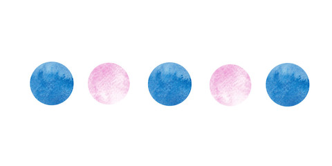 Border made of watercolor circles of pink and blue color on a white background. Use for menus, baby decor and birthday parties