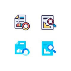 Document and file search icon in various design. Colourful vector illustration with magnifier loupe. Premium Vector