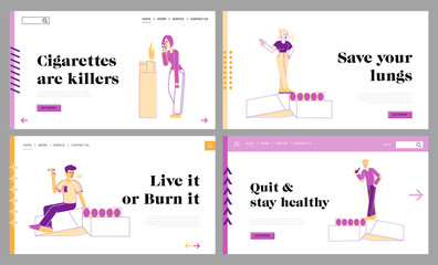 Passive Smoking Social Problem Landing Page Template Set. Woman Man with Cigarettes Smoke in Public Place. People Characters Tobacco Addiction Unhealthy Bad Habit. Linear People Vector Illustration