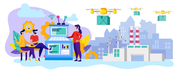 Production Line. Drone Carries Cargo. Operating System of Industrial Enterprise. Man and Woman Factory Worker. Woman Has Technique. Teamwork. Computer Technology. Vector Illustration. Delivery Cargo.
