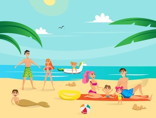 Obraz na płótnie Canvas Summer Time Holiday. Group of People Outdoor on Beach. Boy Lying on Sand as Mermaid, Girl in Sea or Ocean Swimming on Inflatable Unicorn, Couple Standing Sunbathing, Parents Sitting Towel with Baby.