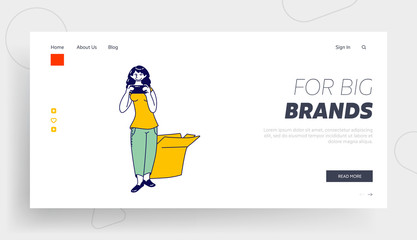 Obraz na płótnie Canvas Female Character Make Broadcasting Expertise for Beauty Product Landing Page Template. Modern Girl Influencer or Fashion Blogger Recording Video on Smartphone with Open Box. Linear Vector Illustration