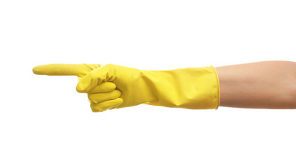 Hand in glove making gesture isolated on white background