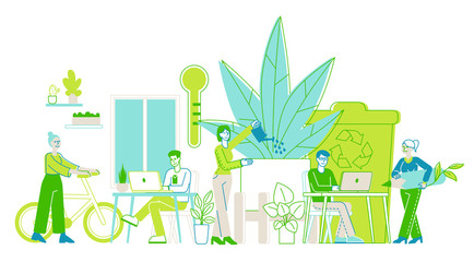 Group of Young Business People Working Together in Modern Office with Many Green Plants. Creative Characters with Laptops Using Eco Technologies for Work, Successful Team. Linear Vector Illustration