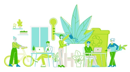 Foto op Canvas Group of Young Business People Working Together in Modern Office with Many Green Plants. Creative Characters with Laptops Using Eco Technologies for Work, Successful Team. Linear Vector Illustration © wooster