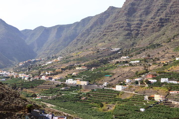Fototapeta na wymiar view to the village Hermigua on the Canary island La Gomera with multi colored houses and palm trees