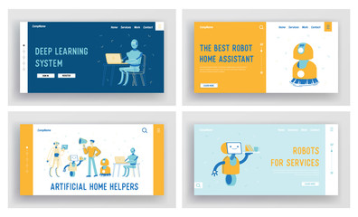 Robot Service Futuristic Technologies, Smart Devices Landing Page Template Set. Cyborgs Characters Housekeeper and Waiter in Cafe, Digital Electronics for Housewives. Linear People Vector Illustration