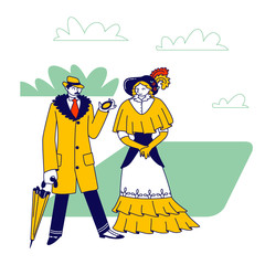 Elegant Man Dandy and Woman of Victorian Era. Gentleman in Frock Coat and Hat Look in Pocket Clock Hold Umbrella in Hand Lady in Long Dress. Old Fashioned Characters. Linear People Vector Illustration