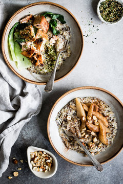A healthy multigrain porridge with a savoury topping of miso roasted salmon and bok choy, and a sweet version with spiced pears and hazelnuts