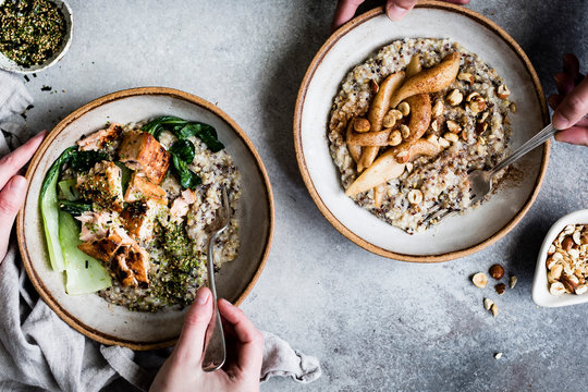 A healthy multigrain porridge with a savoury topping of miso roasted salmon and bok choy, and a sweet version with spiced pears and hazelnuts