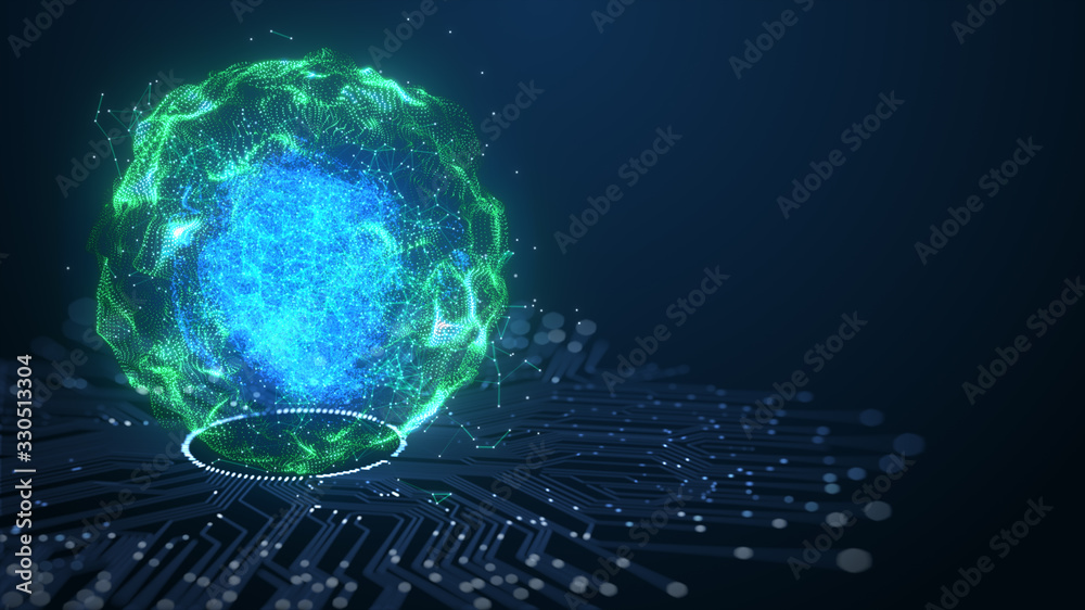 Poster technology artificial intelligence (ai) brain animation digital data concept. big data flow analysis