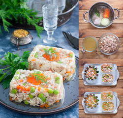 Collage of step by step aspic with meat, selective focus