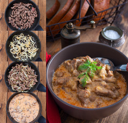 Collage of step by step cooking of beef stroganoff, top view, selective focus
