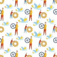 Illustration Brainstorming Staff Seamless Pattern. Man in Casual Clothes Turns Big Gear. Flat Degree Satisfaction with their Professional Choice and Work. Effective Team Training Vector.