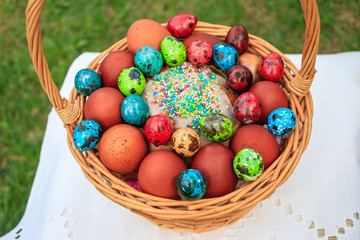 Basket of twigs with Easter eggs painted in different colors and different sizes and Easter cake on a tablecloth