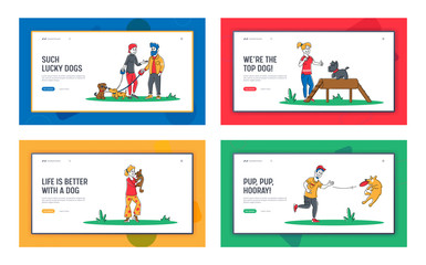 People Spend Time with Pets Outdoors Landing Page Template Set. Male Female Characters Walking and Training Dogs in Summer Park. Relaxing Leisure, Love and Care of Animals. Linear Vector Illustration