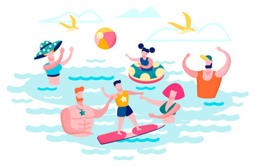 Having Fun in Sea, Ocean, Swimming Pool People Flat Vector Concept. Parents Helping Boy to Learn Ride on Surfboard, Mother Playing Ball with Daughter in Water Illustration. Summer Recreation on Beach