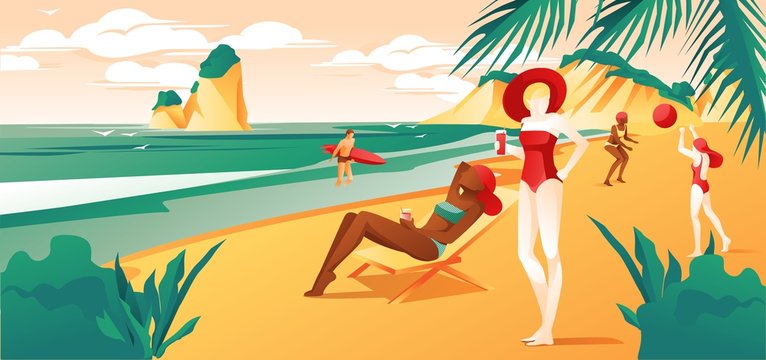 People Characters at Beach or Tropical Coast Relaxing - Sunbathing, walking, Surfing and Swimming in Sea or Ocean. Summer Vacation and Water Fun Background or Banner. Flat Vector Illustration.