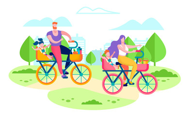 Family Active Leisure, Holiday Trip and Summer Outdoor Recreation Flat Vector Concept with Father and Mother Riding Bicycles with Childrens in Seats, Toys and Food for Picnic in Baskets Illustration