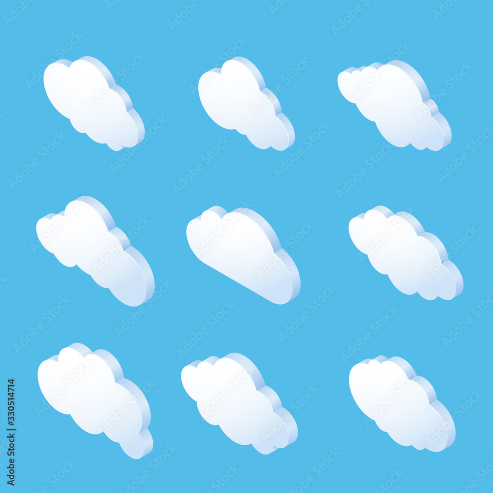 Poster Isometric cloud shapes collection. Cloud icons for cloud computing web and app. vector illustration