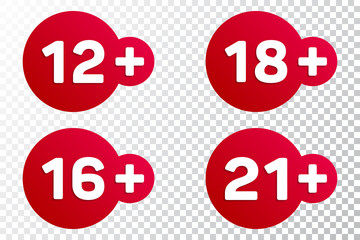 12,16,18,21 plus years old signs vector set. Adults content icons. 12,16,18,21 plus age restriction signs vector icons. Twelve, sixteen, eighteen and trenty one plus years stickers, labels, red badges