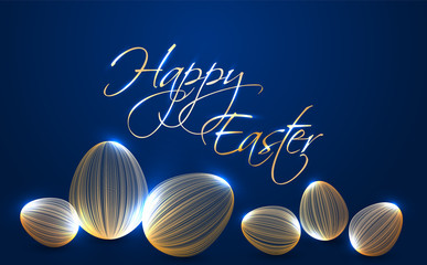 Happy Easter greeting card with shiny gold eggs. Rich holiday banner. Easter eggs made of curve lines, gold text with happy wished. Luxurious holiday social media post template in dark blue and gold