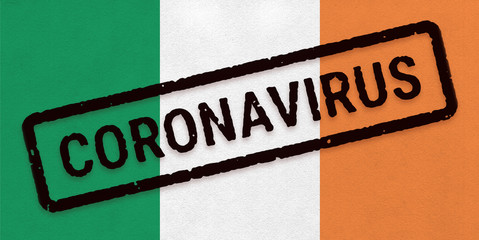 Obraz premium Flag of Ireland on paper texture with stamp, banner of Coronavirus name on it. 2019 - 2020 Novel Coronavirus (2019-nCoV) concept, for an outbreak occurs in the Ireland.