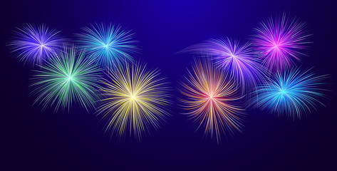 Fireworks abstract festive background with free space for text. Exploding fireworks shining in the night sky. Carnival, festival, party pyrotechnics explosion vector holiday background