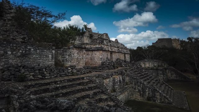 Panning time lapse to the right of Ek Balam Mayan ruins near Valladolid, Yucatan, Mexico.