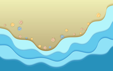 Sand beach, ocean blue coastal waves and sea shells summer background vector illustration. Paper cut origami effect design. Marine seaside sand, caribbean coastal blue water, sea waves foam