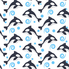 Vector seamless pattern with marine mammal animals on white background