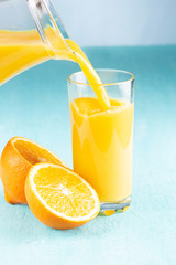 Orange juice is poured into a glass