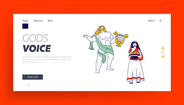 Ancient Greek Gods Characters Landing Page Template. Appolon or Phoebus Patron of Light and Arts and Hesita or Vesta Patroness of Hearth, Olympus Deities Characters. Linear People Vector Illustration
