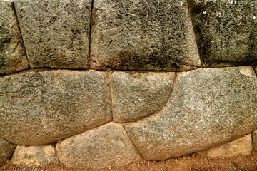 Front View of Unique Inca Stonework of Sacsayhuaman Citadel Stone Wall, UNESCO World Heritage Site in Cusco, Peru
