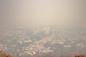 High angle view of the northern city of Thailand, The problem of dust in the air (PM 2.5) in Chiang Mai. Smog city from PM 2.5 dust.