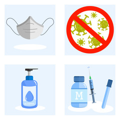 Prevention for coronavirus and bacteria stop signs & symbol- mask, alcohol gel, syringe and drugs medicines equipment for protection, How do protection for disease.