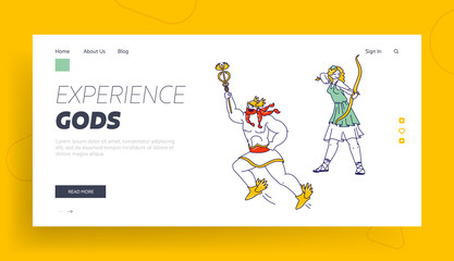 Obraz na płótnie Canvas Greece Mythology Characters Landing Page Template. Olympic Gods Hermes or Mercury Patron of Trade and Ancient Goddess of Hunters Artemis or Diana on Mountain Olympus. Linear People Vector Illustration