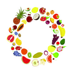 Fruit vector circle made of exotic fruits in flat style. Template with colorful fruits for design menus, recipes, posters.