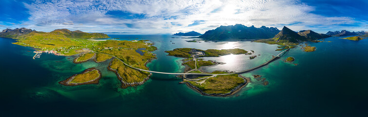 Fredvang Bridges Panorama Lofoten islands - obrazy, fototapety, plakaty