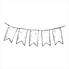 Holiday flags on a rope. Valentine's day, birthday, wedding, holiday. Doodle. Hand drawing. Vector element for design of greeting cards, printing on fabrics, wrapping paper.