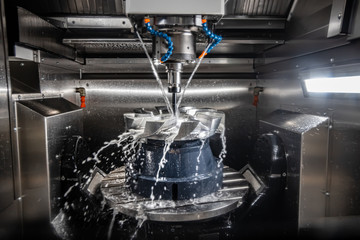 Metalworking CNC lathe milling machine. Cutting metal modern processing technology. - obrazy, fototapety, plakaty