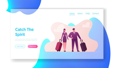 Aviation Insurance Landing Page Template. Pilot and Stewardess Characters with Luggage Prepare Flying on Airplane. Air Travel Protection, Aircraft Crew Profession. Cartoon People Vector Illustration