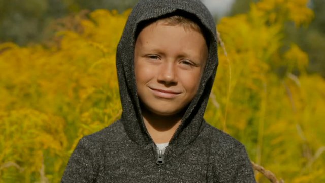 A cute boy in a gray sweater with a hood in the open air