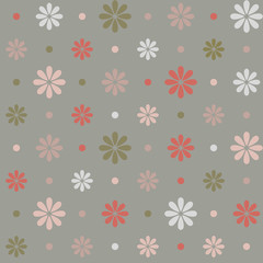 Floral polka dot seamless pattern. Green, red, grey and pink simple vector flowers on green background. Simple vector geometric illustration. Polka dot design for printing on textile, fabric, paper